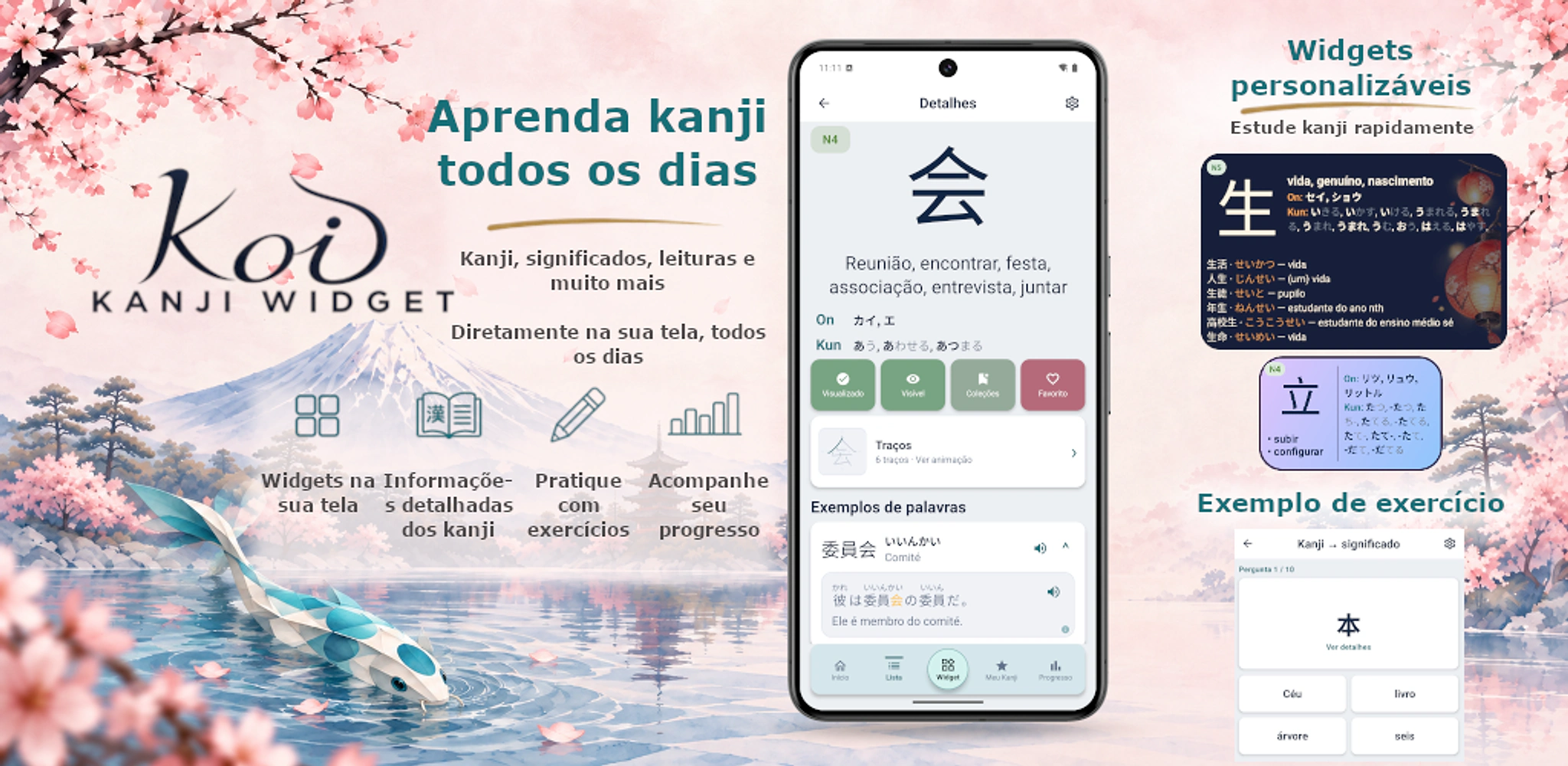 Koi Kanji Widget. Aprenda kanji na tela inicial com widgets personalizáveis, explore o conteúdo por nível JLPT e pratique no app.
